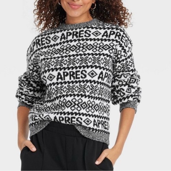 Target Crewneck Sweater A New Day Black White Fair Isle Apres Ski Size Large New - Picture 1 of 11